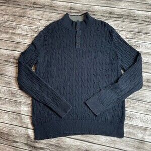 Lands End Mens Long Sleeve 1/4 Button Up Cable Knit Sweater Large Tall Navy Blue